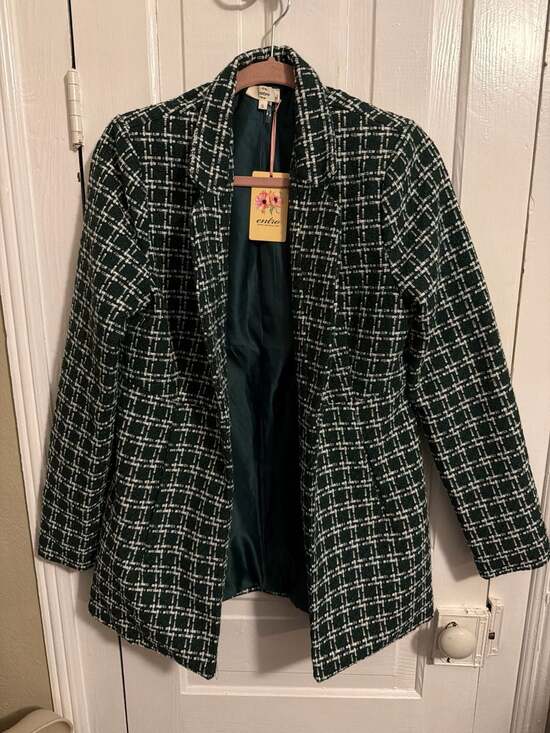 Entro Jackets & Blazers - Entro Women's Green and White Plaid Tweed Blazer Jacket Small